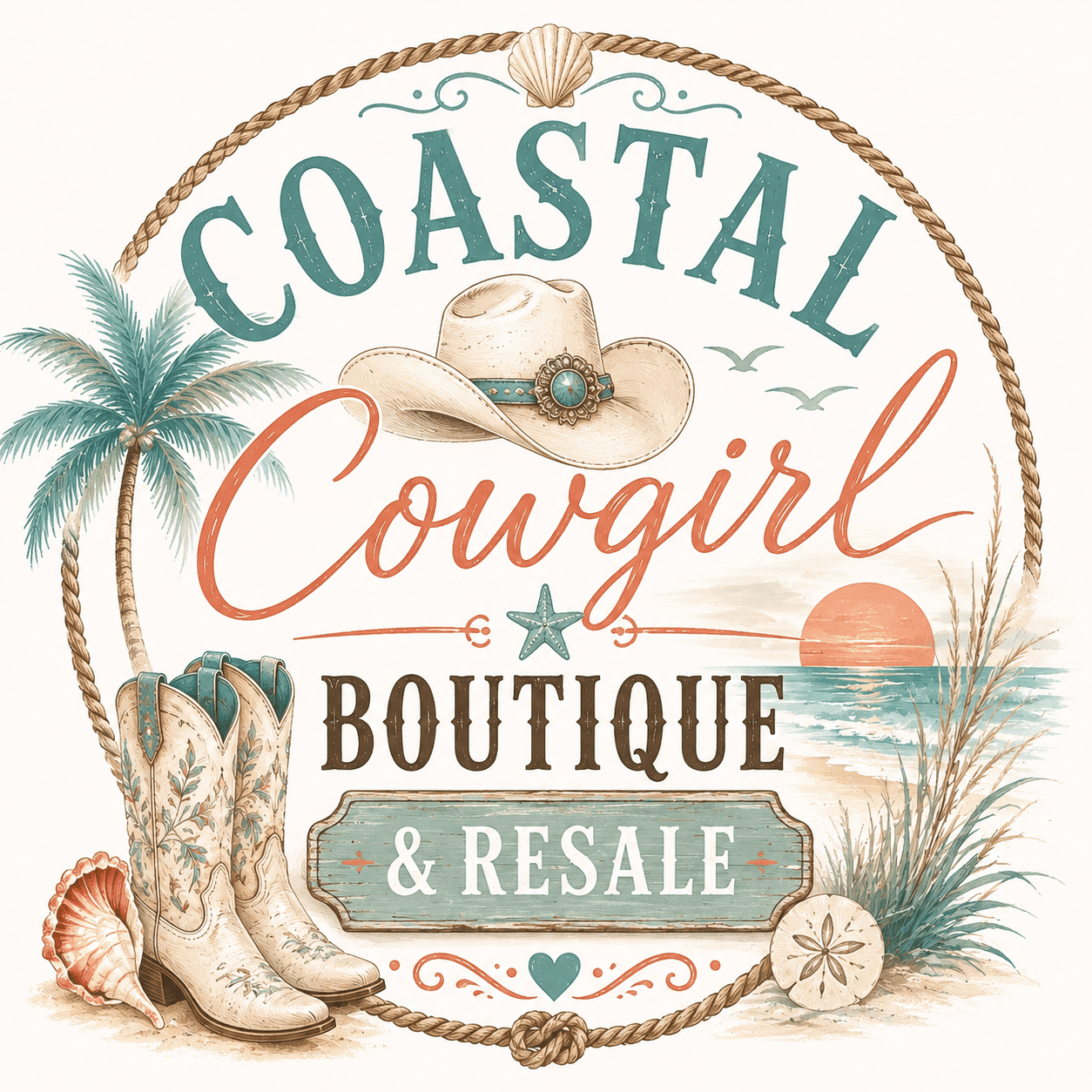 Coastal Cowgirl Boutique and Resale artwork with a cowboy hat, boots, palm tree, seashells, and a sunset